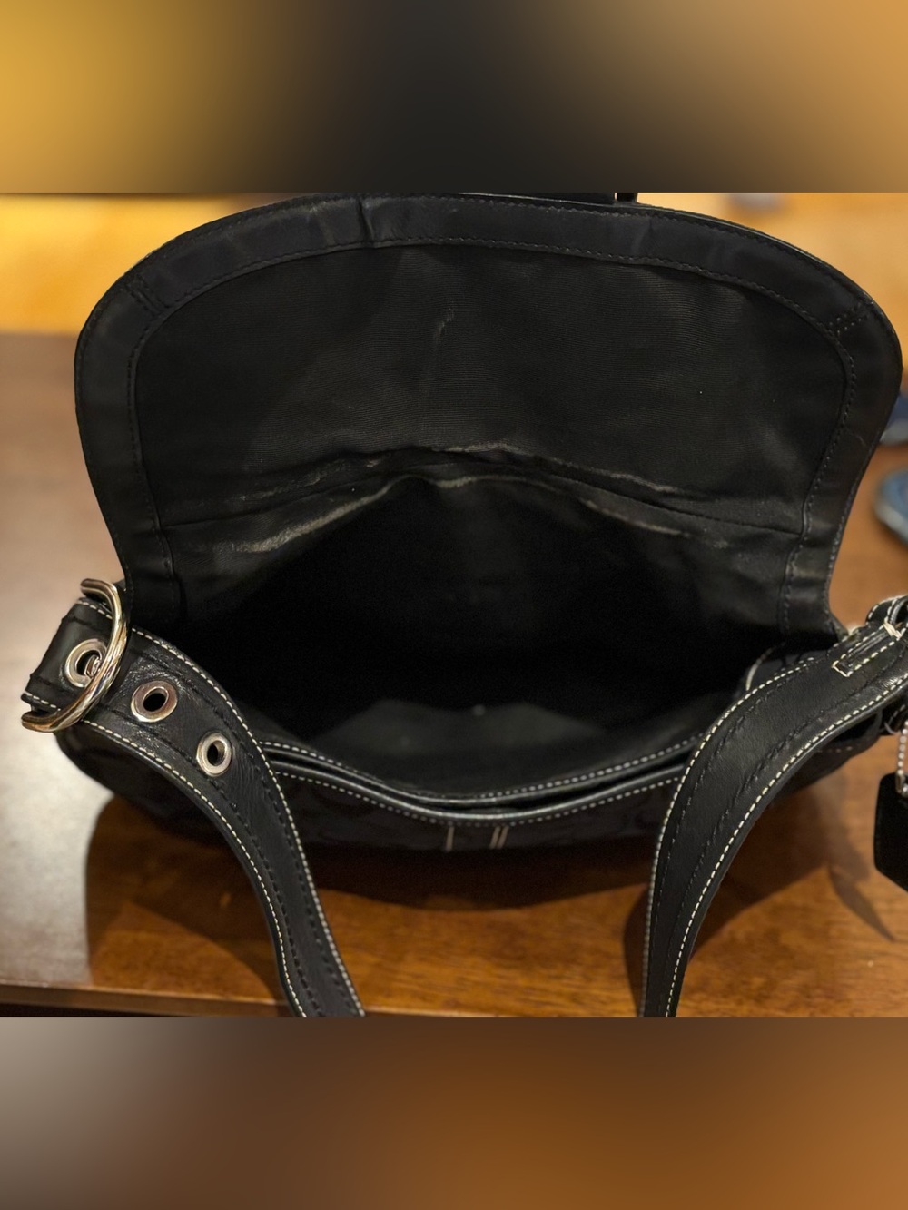 Coach F10926 Vintage Soho Black Leather & Signature Canvas Tote w/silver buckle - Picture 5 of 11